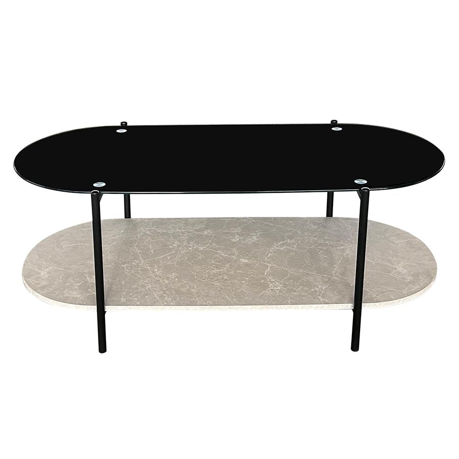 Mesa De Centro Doble Nivel Top De Vidrio Negro 8mm Base Mdf Gris Y Patas De Hierro Negro