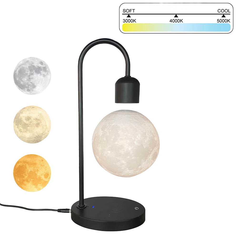 Lampara De Mesa Led Luna Magnetica Base Negra Con Cargador Wireless Para Celular 6000k